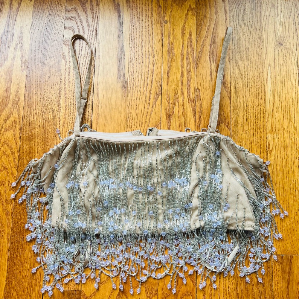 Beaded Fringe Crop Top in Tan and Silver